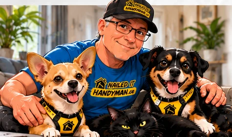 Illustrated Nailed It handyman with two canine helpers and a mischievous cat
