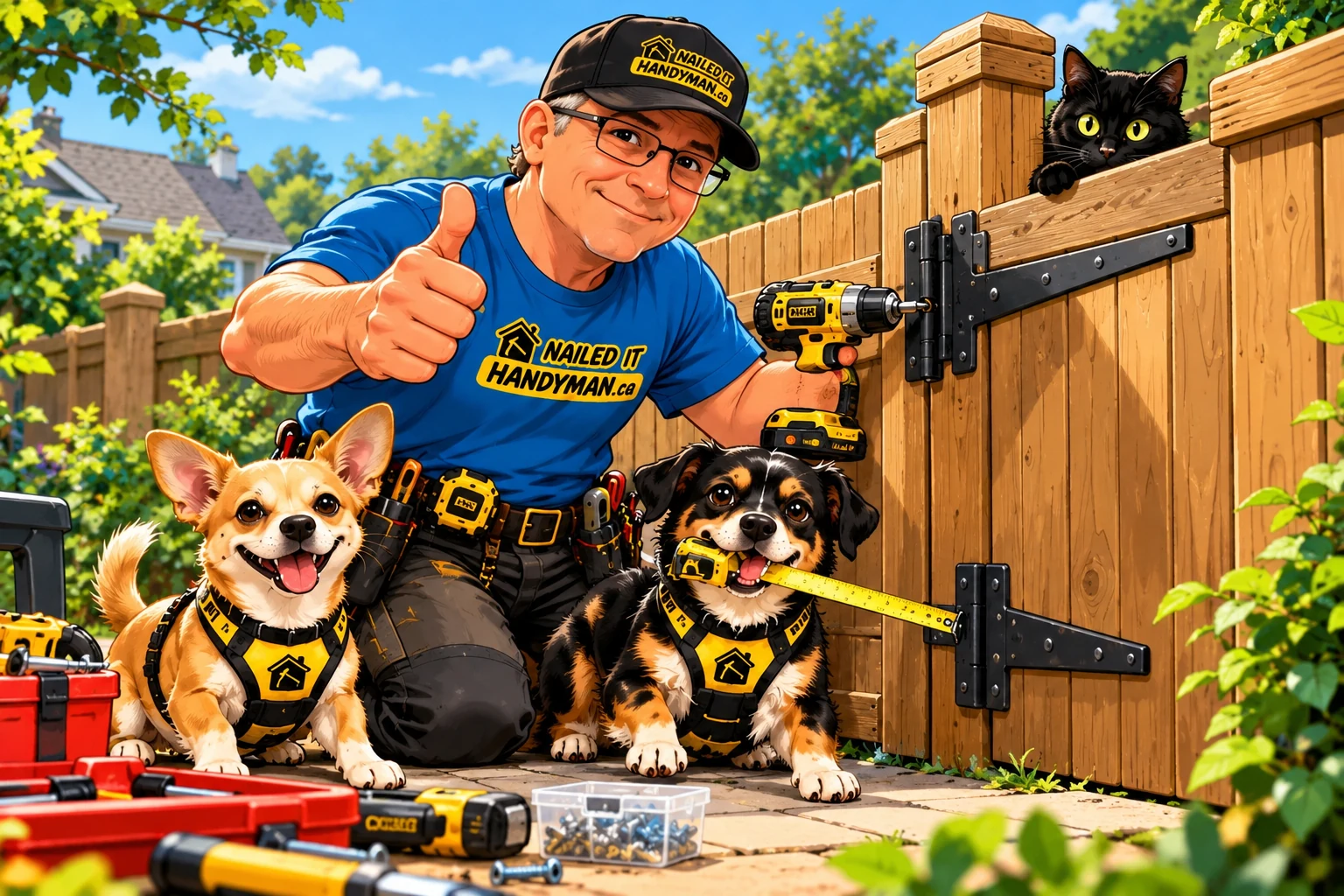 Original Nailed It Handyman characters repairing a wooden gate, with two dog helpers and the mischievous black cat