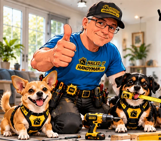 Illustrated handyman with two helpful dogs and a mischievous black cat at a home improvement project